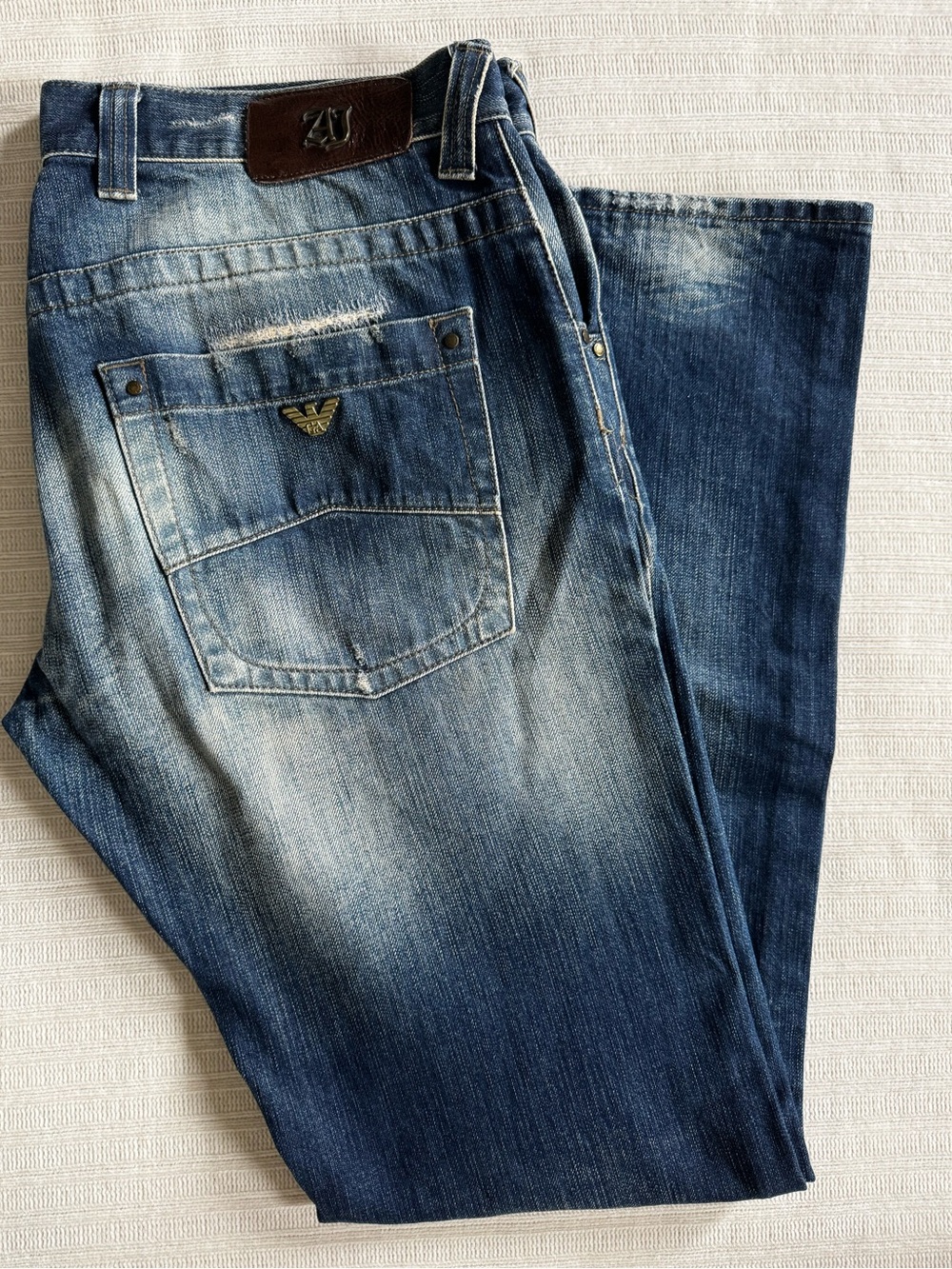 Armani Jeans Men's Distressed Mid-Blue Straight Jeans